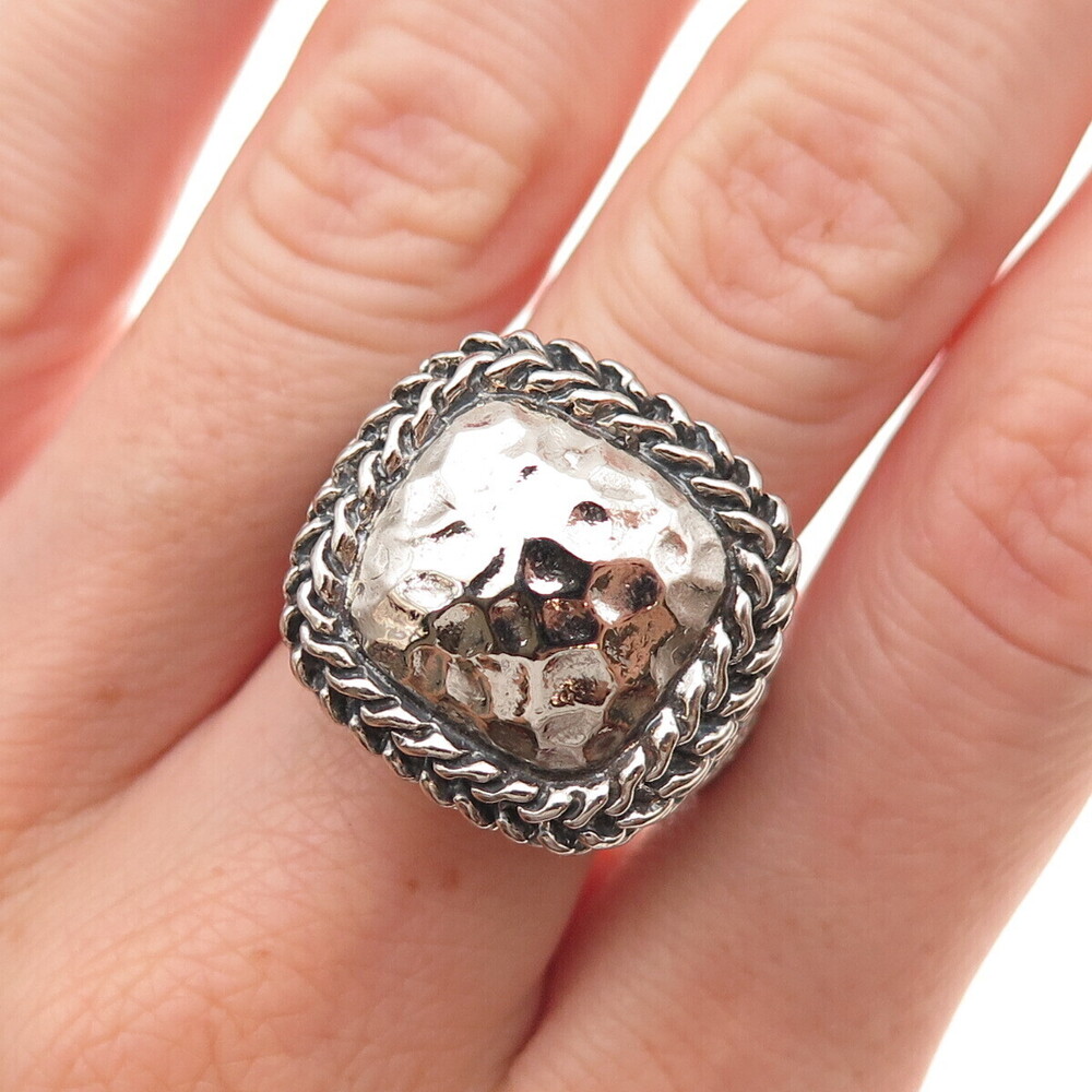 925 Sterling Silver Vintage Modernist Hammered Woven Oxidized Ring Size 8.25